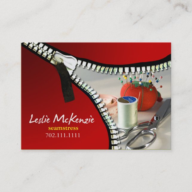 "Zipper" - sömnad, sömmerska, Seamstress, Visitkort (Framsida)