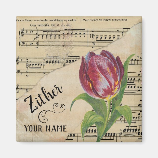 Zither Tulip Vintage Lakan Music Customized Magnet (Framsidan)