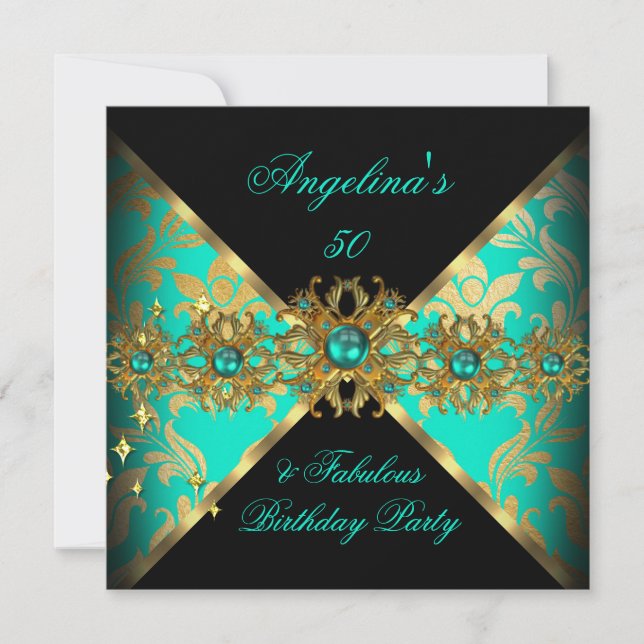 ZIZAGO DESIGN Fabulous 50 Jade Guld Damask Party Inbjudningar (Framsida)