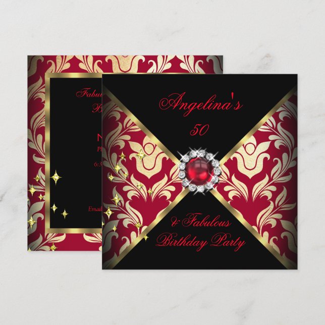 ZIZAGO DESIGN Fabulous 50 Red Guld Damask Party Inbjudningar (Fram/baksida)