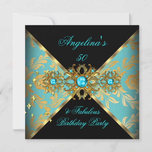 ZIZAGO DESIGN Fabulous 50 Teal Guld Damask Party Inbjudningar (Framsida)
