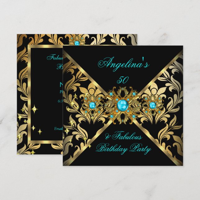 ZIZAGO DESIGN Fabulous Teal Guld Black Damask Inbjudningar (Fram/baksida)