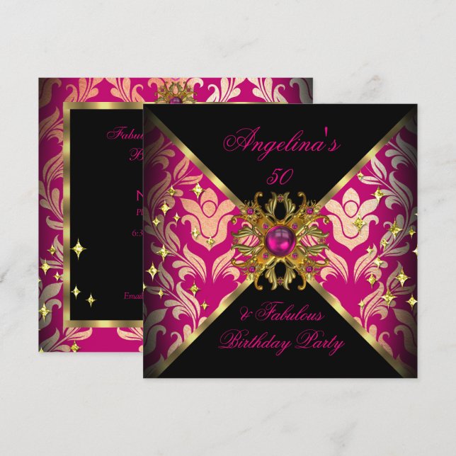 ZIZZAGO DESIGN Fantastiska 50 Rosa Guld Damask Fes Inbjudningar (Fram/baksida)