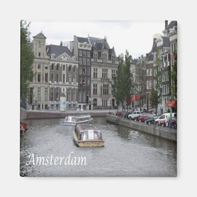 zNL025 AMSTERDAM, kanal med båt, Fridge Magnet (Framsidan)