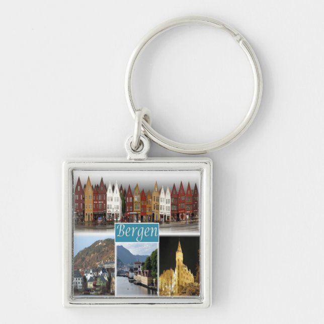 zNO009 BERGEN, Norge, Europa Fyrkantig Silverfärgad Nyckelring (Framsidan)