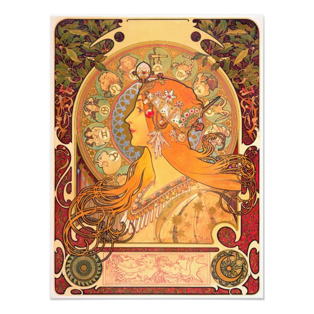 Zodiac, 1896 av Alphonse Mucha Fototryck (Framsidan)