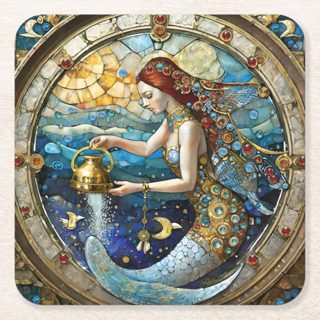 Zodiac - Aquarius Vatten Bearer-Sjöjungfrun Underlägg Papper Kvadrat (Framsidan)