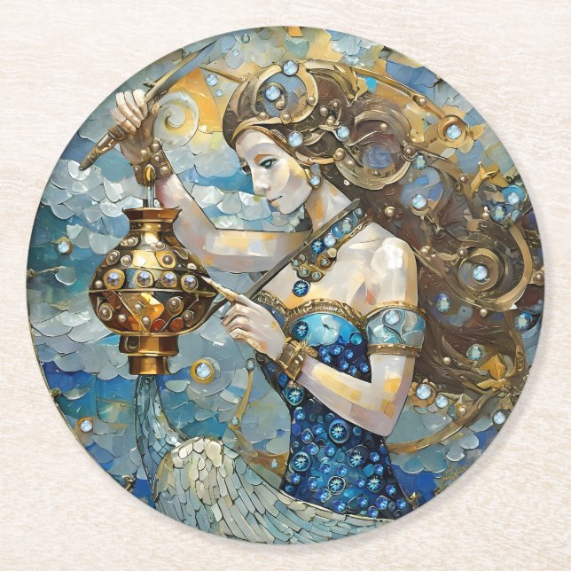 Zodiac - Aquarius Vatten Bearer Underlägg Papper Rund (Framsidan)