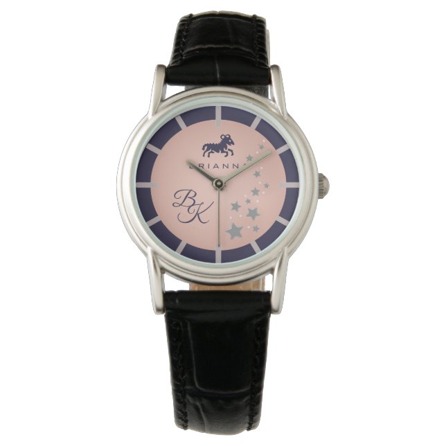 Zodiac Aries Elegant Rosé Mörk blått Monogrammed Armbandsur (Framsida)