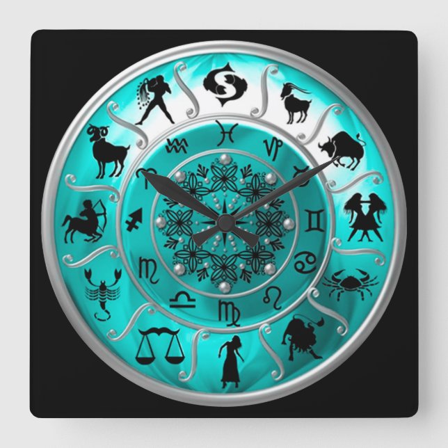 Zodiac ~ Astrologiska tecken ~ Horoscope ~ Fyrkantig Klocka (Framsida)