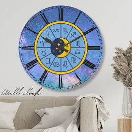 Zodiac astrology celestial Blue roman Numerals Stor Klocka