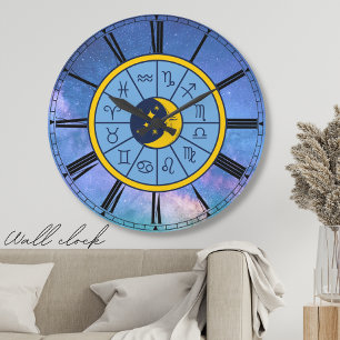Zodiac astrology celestial Blue roman Numerals Stor Klocka