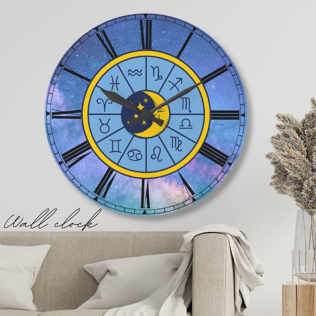 Zodiac astrology celestial Blue roman Numerals Stor Klocka (Skapare uppladdad)
