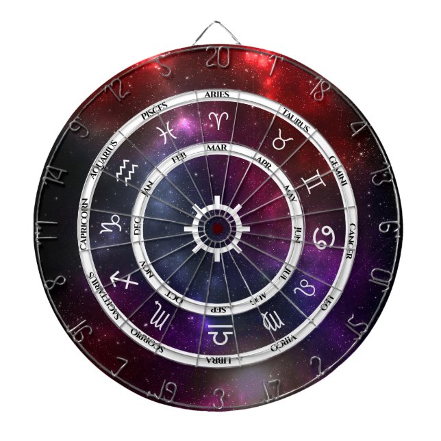 Zodiac Astrology Symbols på ett Cosmic Starfield Darttavla (Framsidan)