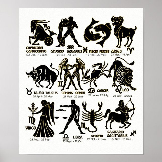 Zodiac Black and White Poster med månader (Framsidan)