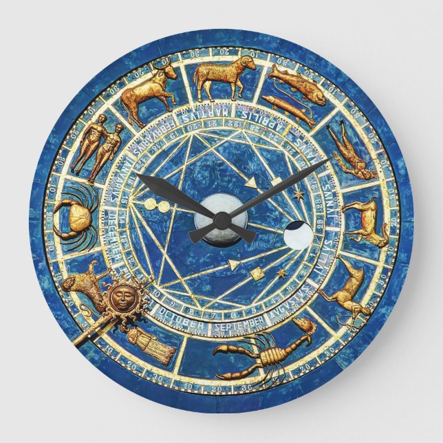 Zodiac Blue och Guld Old World Celestial Astrology Stor Klocka (Framsida)