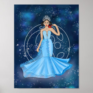 Zodiac Cancer Goddess med Måne Illustration Poster