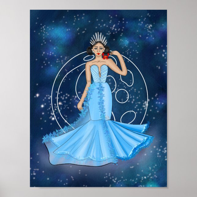 Zodiac Cancer Goddess med Måne Illustration Poster (Framsidan)