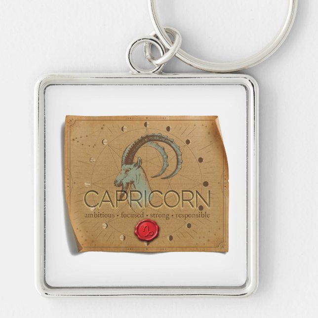 Zodiac - Capricorn - Keychain Fyrkantig Silverfärgad Nyckelring (Framsidan)