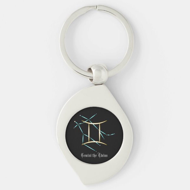 Zodiac Constellation Gemini Keychain Swirl Silverfärgad Nyckelring (Framsidan)