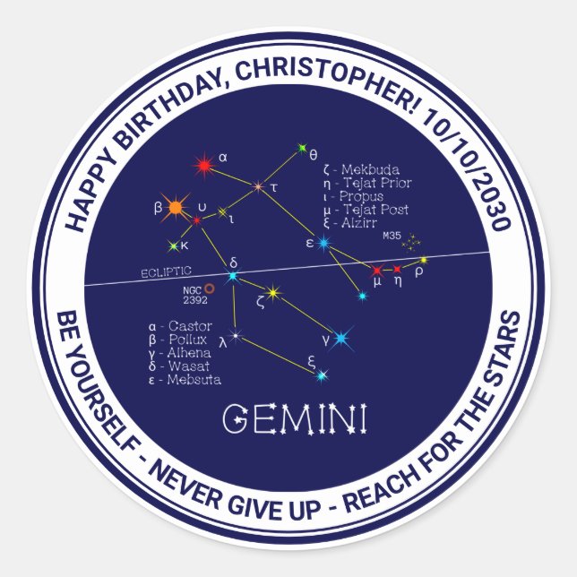 Zodiac Constellation Gemini Runt Klistermärke (Framsida)