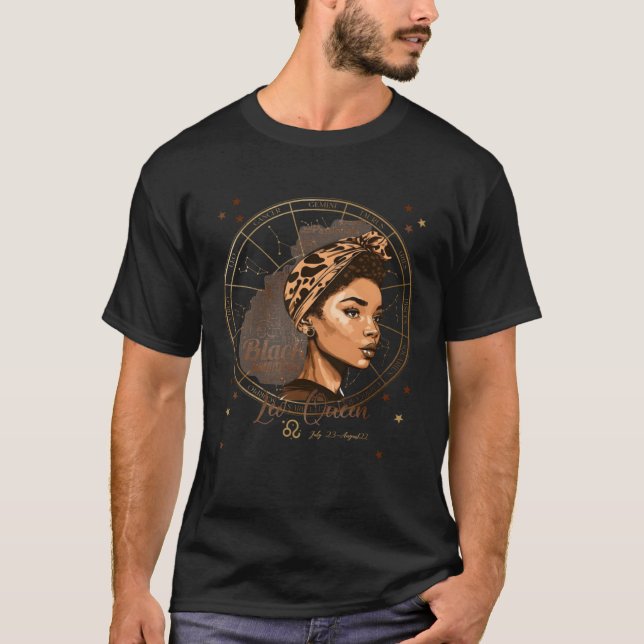Zodiac Constellation Leo Black Queen T Shirt (Framsida)
