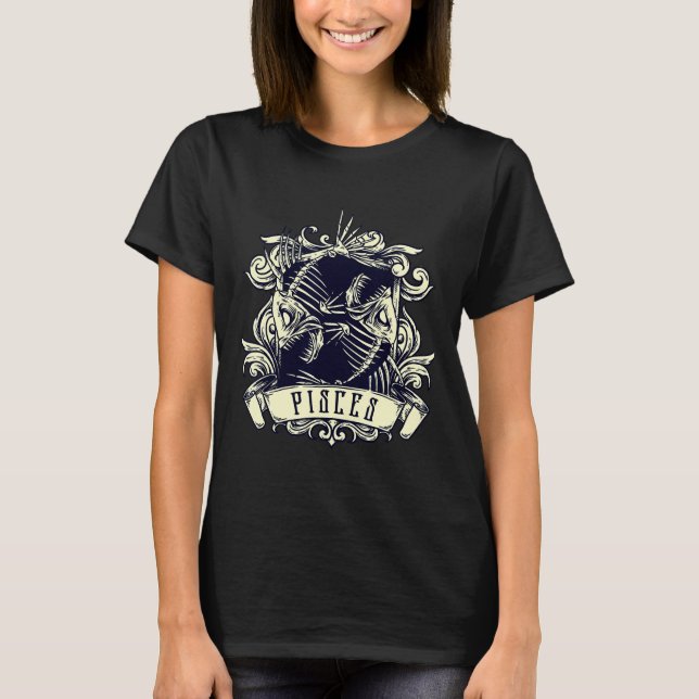 Zodiac Evil 2 Fish Skeleton Occult T Shirt (Framsida)
