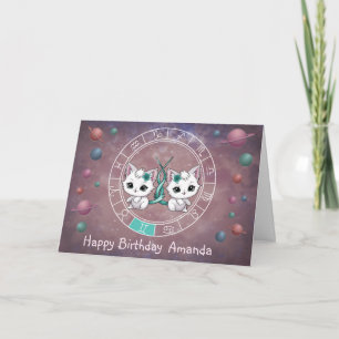 Zodiac Gemini Cute Cat Wheel Planet Astrology Kort