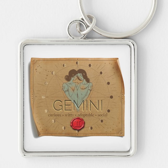 Zodiac - Gemini - Keychain Fyrkantig Silverfärgad Nyckelring (Framsidan)