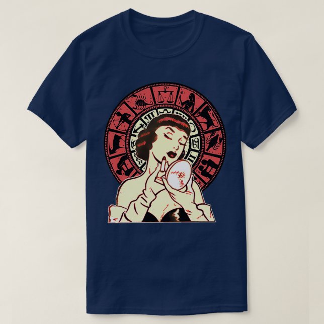 Zodiac Horoscope-kvinna som sätter på läppstift T Shirt (Design framsida)