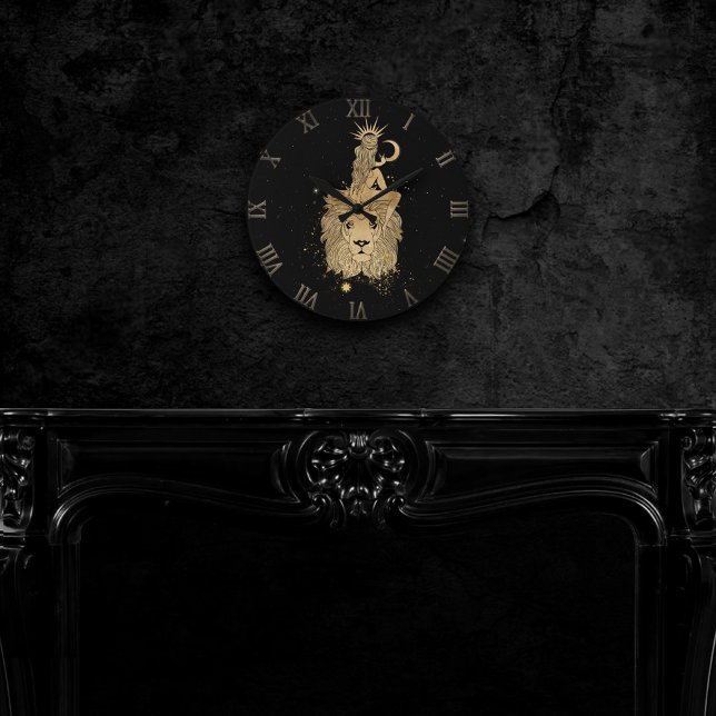 Zodiac Leo | Cosmic Guld och Black Astrology Large Rund Klocka (Skapare uppladdad)