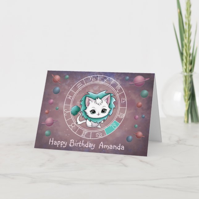 Zodiac Leo Cute Cat Wheel Planet Astrology Kort (Framsida)