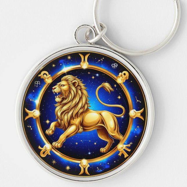 Zodiac Leo Emblem Rund Silverfärgad Nyckelring (Framsidan)