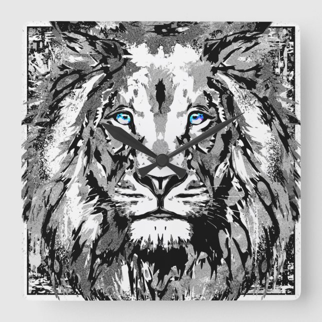 Zodiac Leo Grått Lejona Porträtt Teckning - Lejon  Fyrkantig Klocka (Framsida)