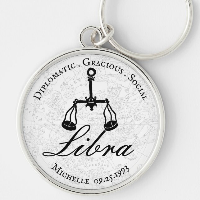 Zodiac Libra Astrology Personality White Anpassnin Rund Silverfärgad Nyckelring (Framsidan)