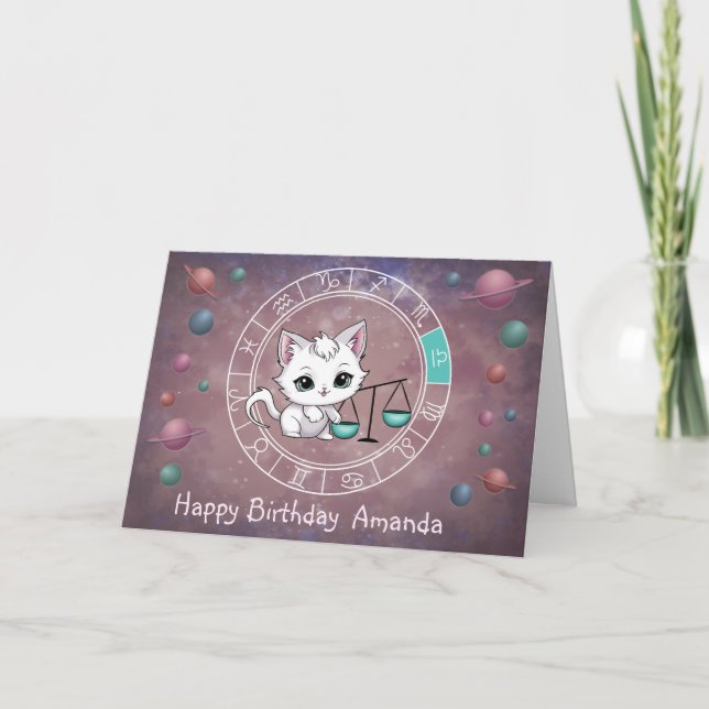 Zodiac Libra Cute Cat Wheel Planet Astrology Kort (Framsida)