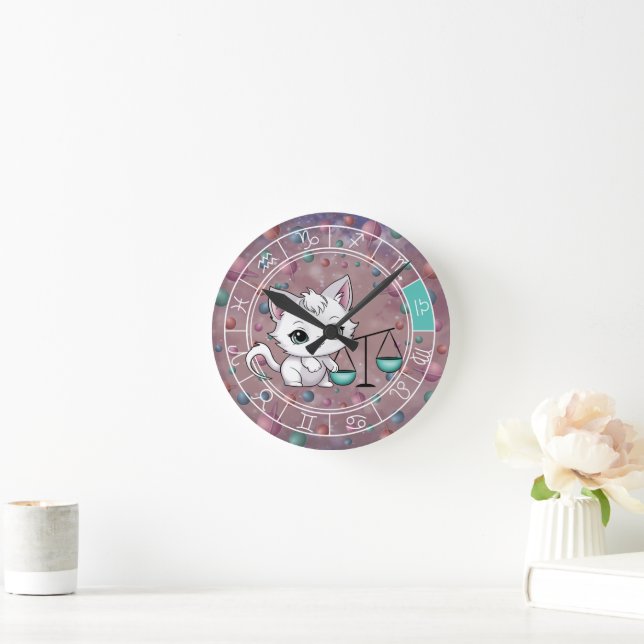 Zodiac Libra Cute Cat Wheel Planet Astrology Rund Klocka (Hem)