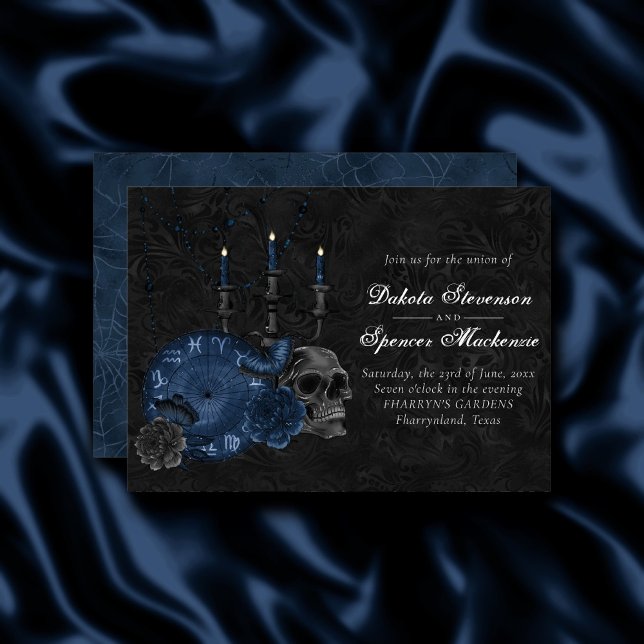 Zodiac Magi | Mörk Navyblå Gotisk Dödskalle Rosor Inbjudningar (Skapare uppladdad)
