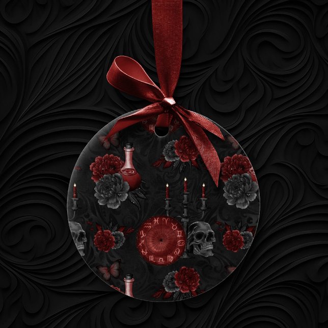 Zodiac Magic Crimson | Henna Red Gothic Skull Ro Julgransprydnad Keramik (Skapare uppladdad)