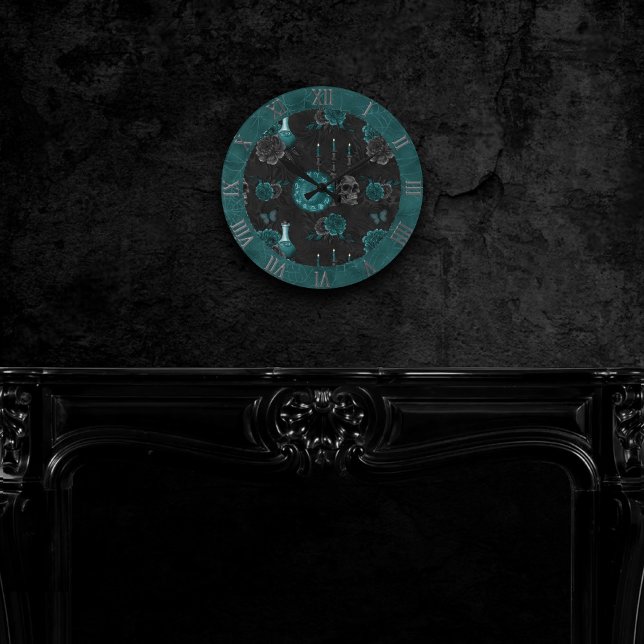 Zodiac Magic | Dark Teal Green Gothic Skull Roses Rund Klocka (Skapare uppladdad)