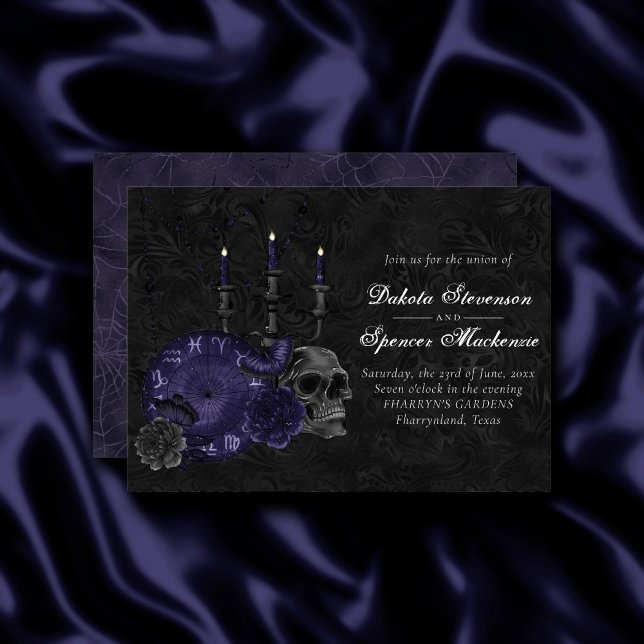 Zodiac Magic | Midnight Indigo Gothic Skull Ro Inbjudningar (Skapare uppladdad)