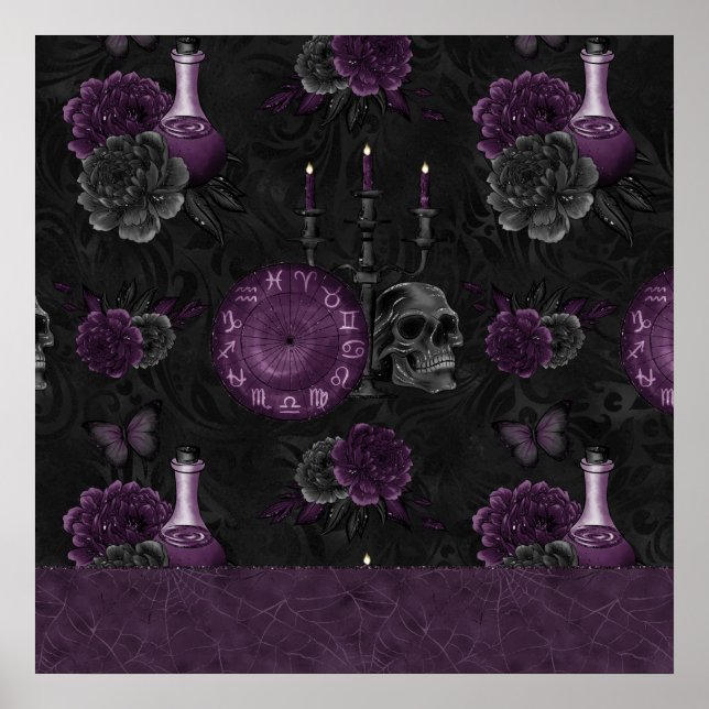 Zodiac Magic | Mörk Lila Plum Gothic Skull Ro Poster (Framsidan)