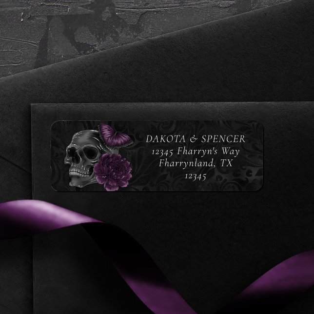 Zodiac Magic | Mörk Lila Plum Gothic Skull Ro Returadress Etikett (Skapare uppladdad)