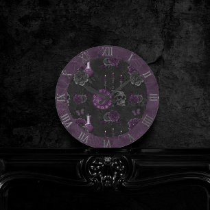 Zodiac Magic   Mörk Lila Plum Gothic Skull Ro Rund Klocka
