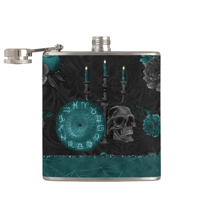 Zodiac Magic | Mörk Teal Grönt Gothic Skull Ro Fickplunta (Öppnad)