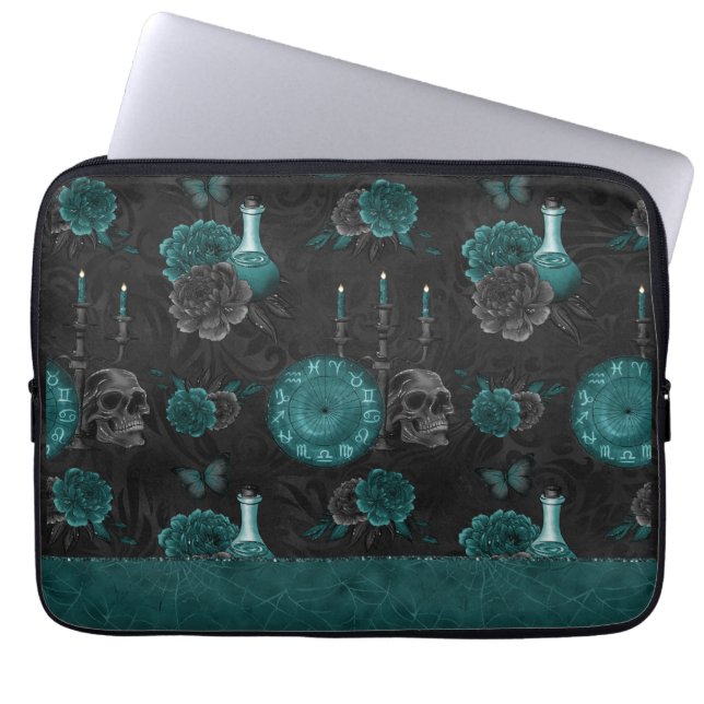 Zodiac Magic | Mörk Teal Grönt Gothic Skull Ro Laptop Fodral (Framsidan)