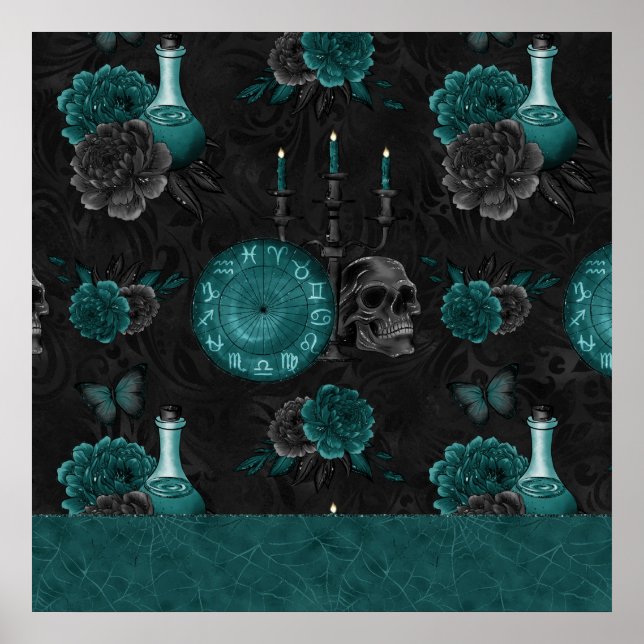 Zodiac Magic | Mörk Teal Grönt Gothic Skull Ro Poster (Framsidan)