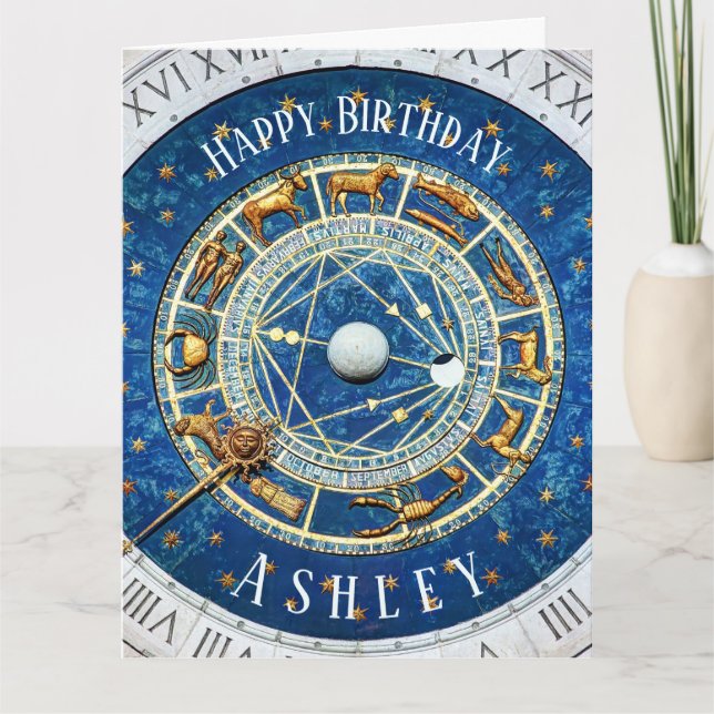 Zodiac Old World Birthday Sol Signs Blue + Namn Kort (Framsida)