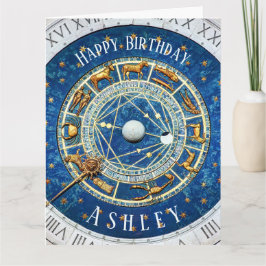 Zodiac Old World Birthday Sol Signs Blue + Namn Kort