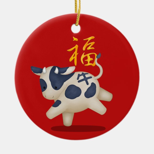 Zodiac Ox "Fortune" kinesisk nyårsAnpassningsbar Julgransprydnad Keramik (Framsidan)